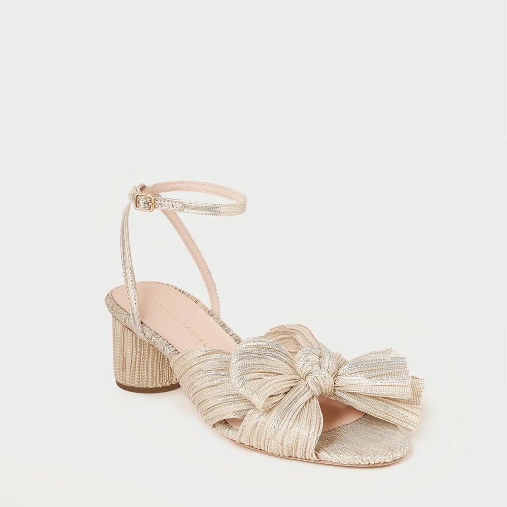 Loeffler Randall Metallic PEARL Knotted Bow Ankle-Strap Block Heel Sandal